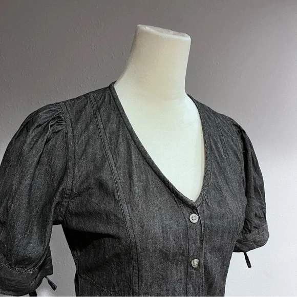 Button down short sleeve denim light charcoal color dress - Picture 2 of 14